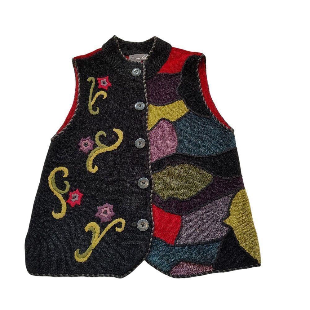 Vintage Patchwork Knit Vest Size M Embroidered Boho Artisan Folk Art